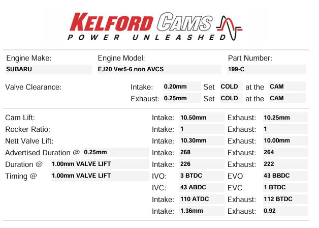 Kelford Cams - EJ20 Non-AVCS (Version 5-6) Camshafts (Size- 268&264/264. 10.30mm&10.00mm/10.00mm)