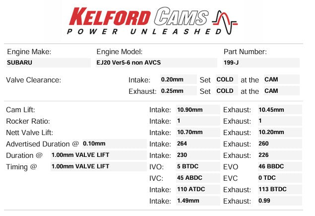 Kelford Cams - EJ20 Non-AVCS (Version 5-6) Camshafts (Size- 264&260/260. 10.70mm&10.20mm/10.20mm)