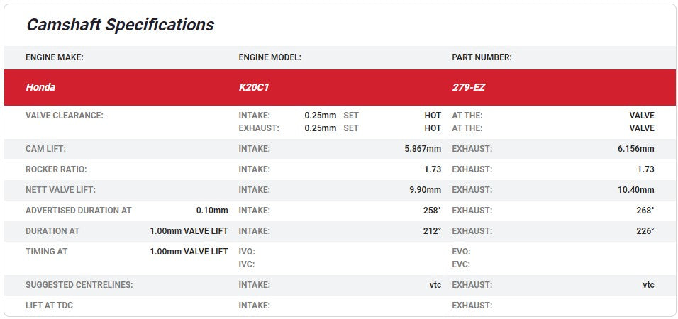 Kelford Cams - Honda K20C1 Camshafts (Camshaft Duration- 279-EZ | 258°/268° | 9.90mm/10.40mm Valve Lift)