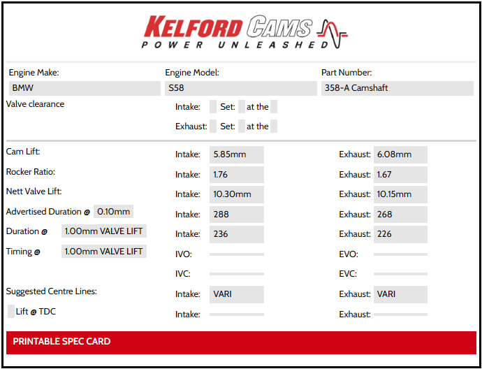 Kelford Cams - BMW M Series S58 Camshafts (Camshaft Duration: Stage 1 - 288°/268°)