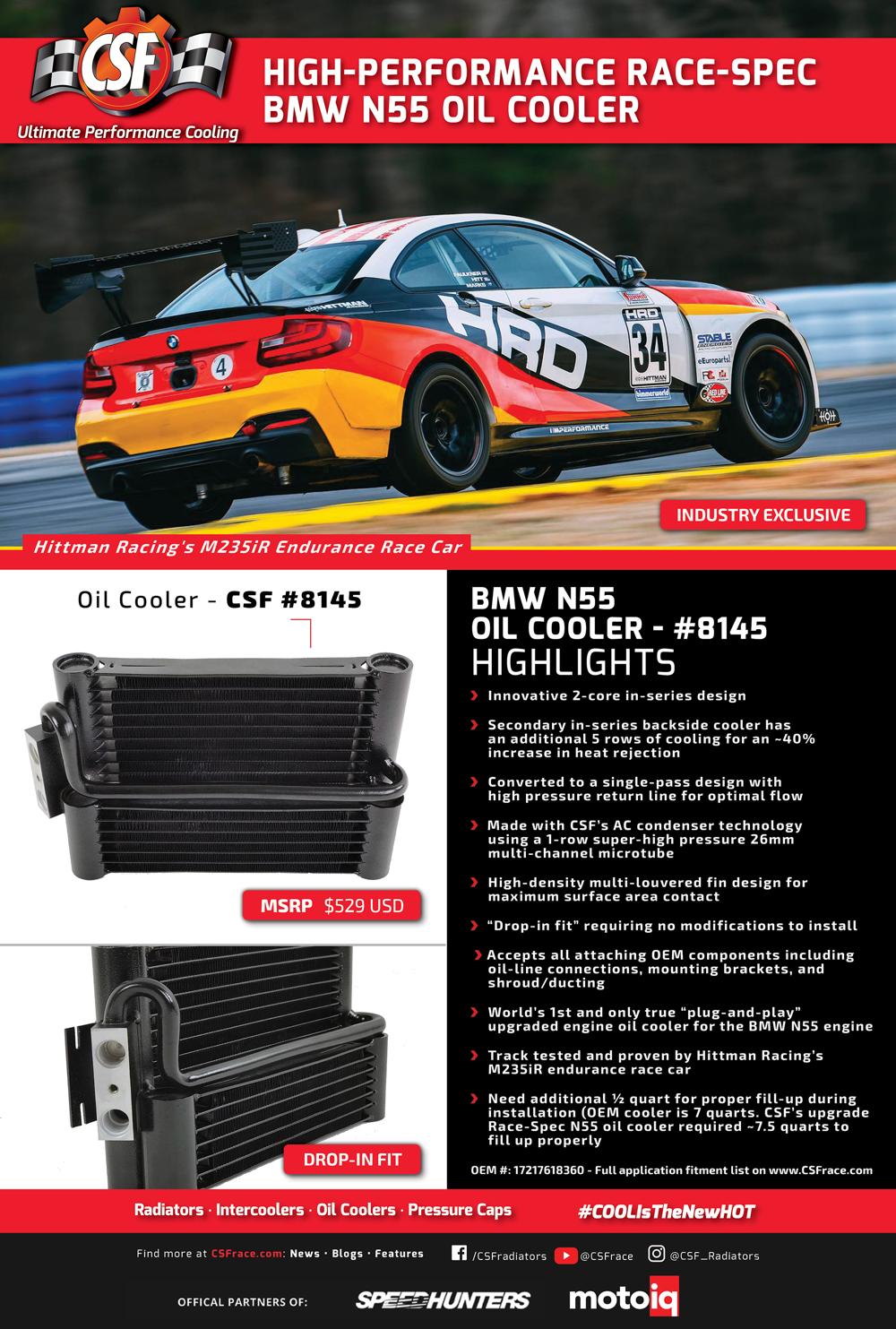CSF Race-Spec Oil Cooler 11-16 F20 135i(X)(N55) 11-16 F21 M135i(X)(N55) 12-16 F22/F23 M235i(X)(N55) 11-15 F30/F31 335i(X) ...