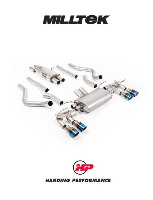 MILLTEK Cat-back Defender 130 5.0 V8 500PS - Resonated (quieter) - None - GT-90 Burnt/Blue Titanium Tips