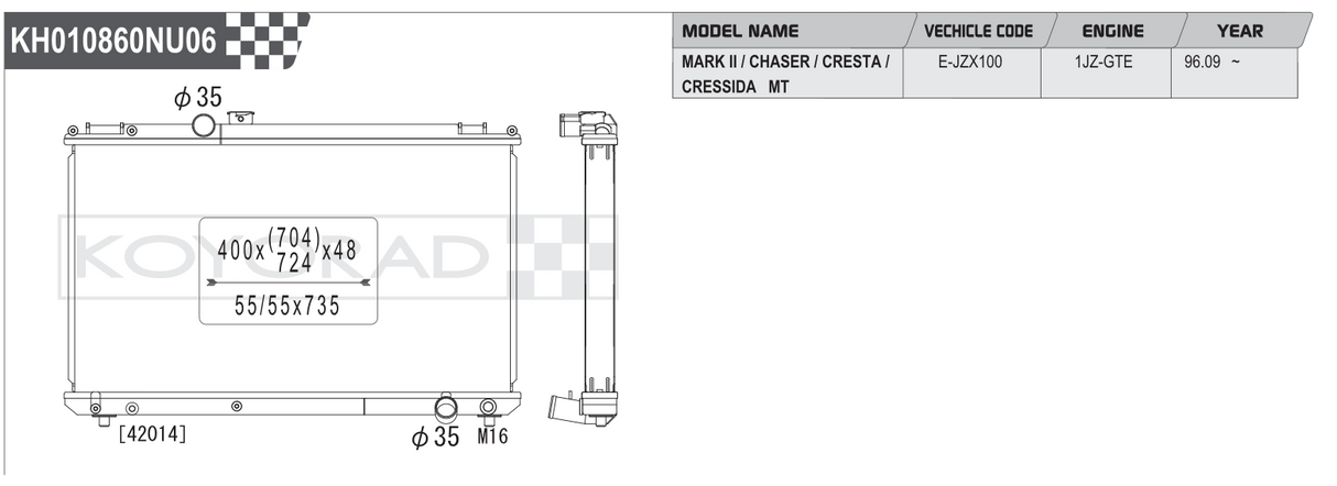 Koyorad Performance Radiator: Toyota Mark II / Chaser / Cresta / Cressida JZX100 1JZ-GTE MT 1996+