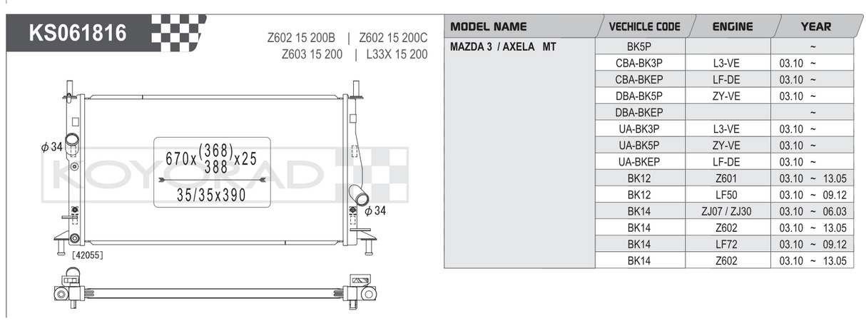 Koyorad Performance Radiator: Mazda 3 BK / Ford Focus XR5 Turbo MT 2003-2011