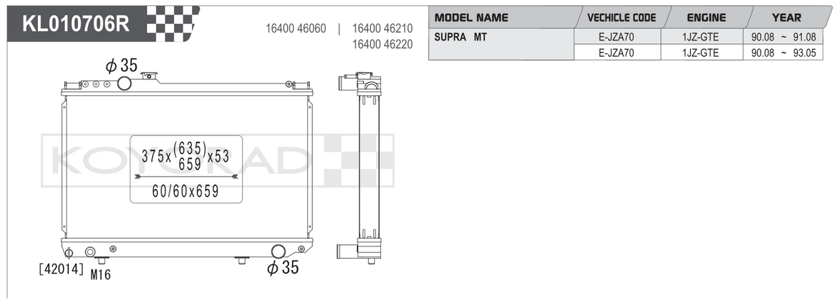 Koyorad Performance Radiator: Toyota Supra JZA70 1JZ-GTE MT 1990-1993