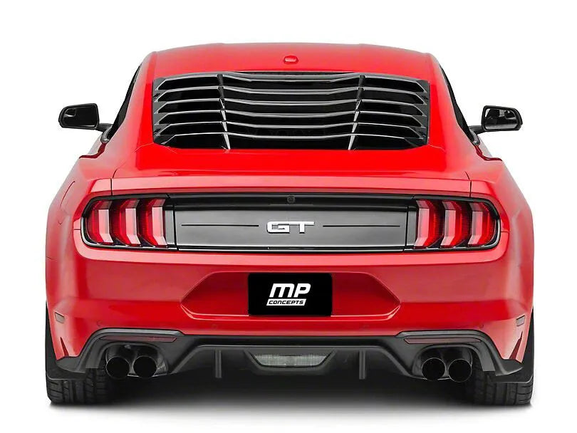 MP CONCEPTS Rear Window Louver in Gloss Black enhances aerodynamics and style on a red sports car, adding a sleek, modern ...