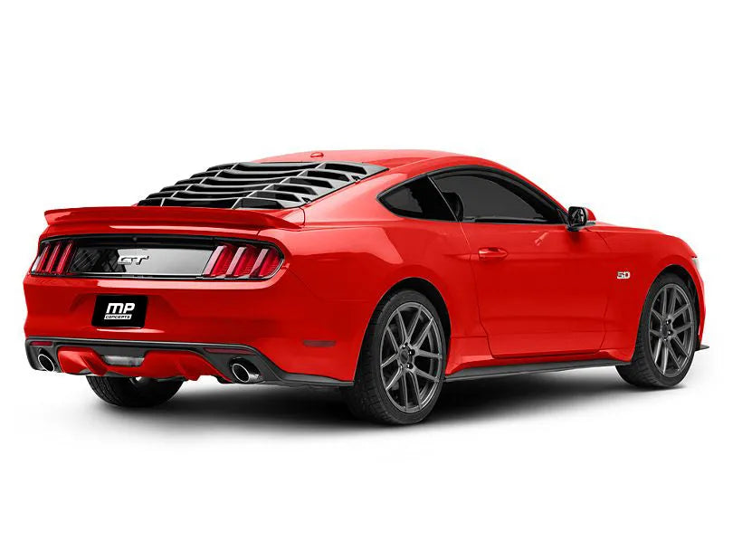 MP CONCEPTS Rear Window Louver in Matte Black enhances the sporty look of a red Mustang, providing style and sun protection.