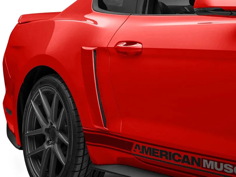 MP CONCEPTS Mustang Side Scoops in sleek unpainted finish, enhancing aerodynamics and style on a red Mustang.