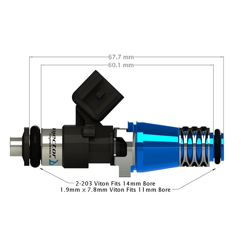 Injector Dynamics ID1050-XDS 60mm Single Injector w/11mm Blue Adaptor Top, Denso Lower Cushion- Universal
