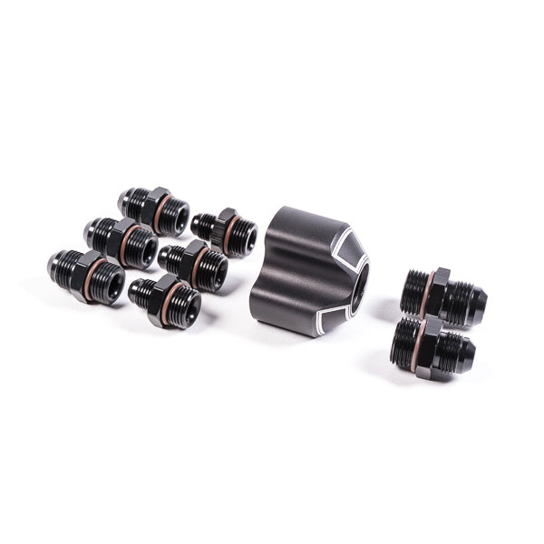 Radium Distribution Block 3 x 8AN ORB to 1 x 10AN ORB w/Fittings
