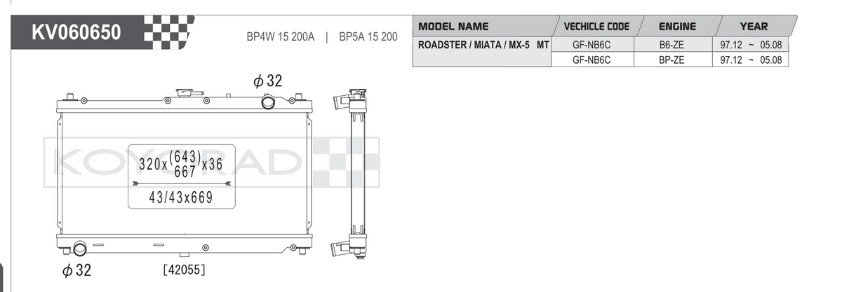 Koyorad Aluminium Radiator Mazda MX-5 NB 1.8L Manual VH060650