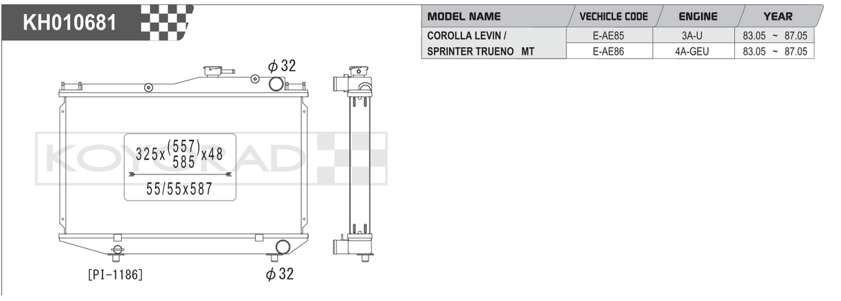 Koyorad Performance Radiator: Toyota Corolla Levin / Sprinter Trueno AE85 / AE86 MT 1983-1987