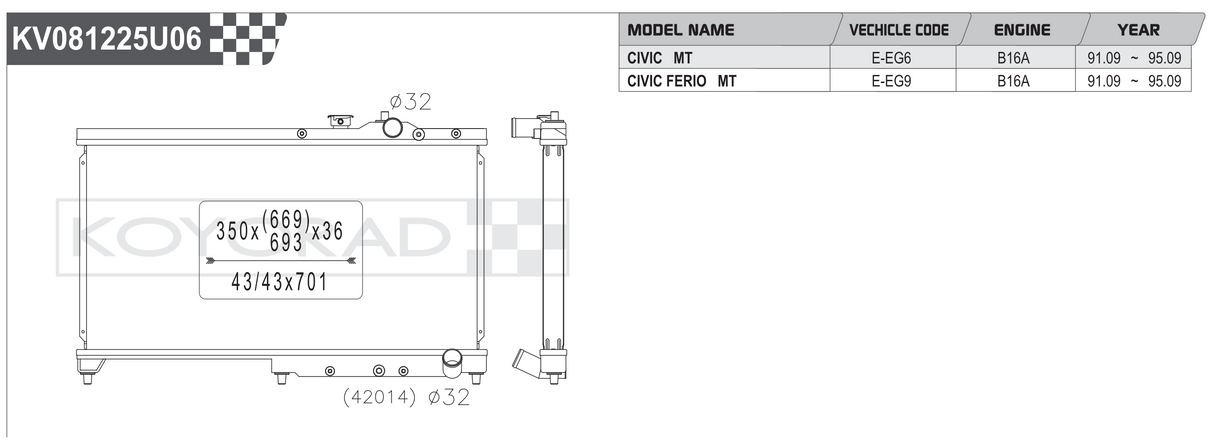Koyorad Performance Radiator: Honda Civic EG / EK 1991-2000 Non A/C