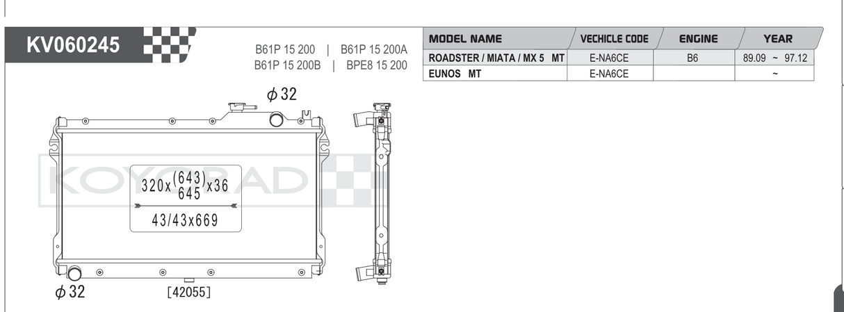 Koyorad Performance Radiator: Mazda MX-5 Miata NA 1.6/1.8L MT 1989-1997