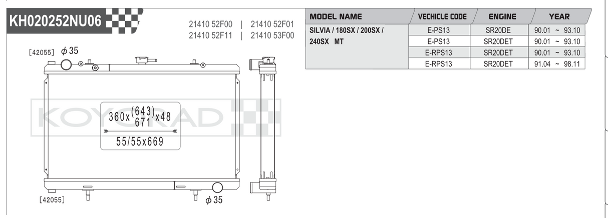 Koyorad Performance Radiator: Nissan Silvia / 180SX / 200SX S13 SR20DE / SR20DET MT 1990-1998