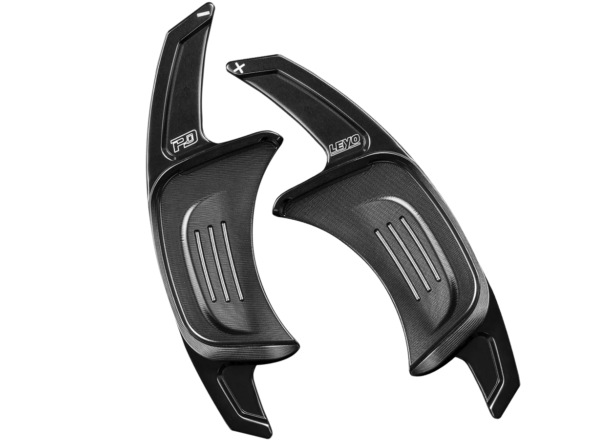 LEYO Motorsport MK7 Golf GTI / R Billet Paddle Shift Extension Gen2, sleek black design, enhances driving experience.