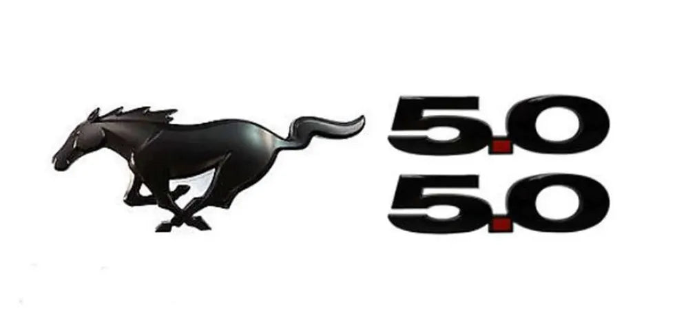 Ford Genuine Mustang GT Black Badging Kit featuring sleek black 5.0 emblems and iconic Mustang running horse logo.