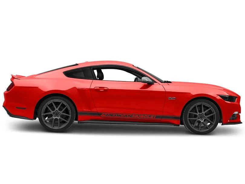 MP CONCEPTS Mustang Side Scoops on a sleek red Mustang, enhancing aerodynamics and style, perfect for customization.